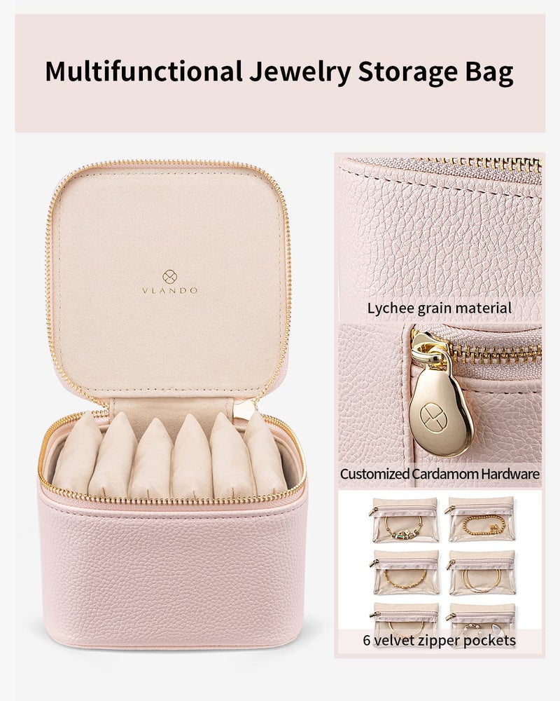 Vlando Travel Jewelry Case,Jewelry Organizer with 6 zipper velvet Jewelry bags for Women Girl,Wedding Birthday Gift Ideas for Women Earrings Rings Storage Gift Box Packaging Pink - Image 4
