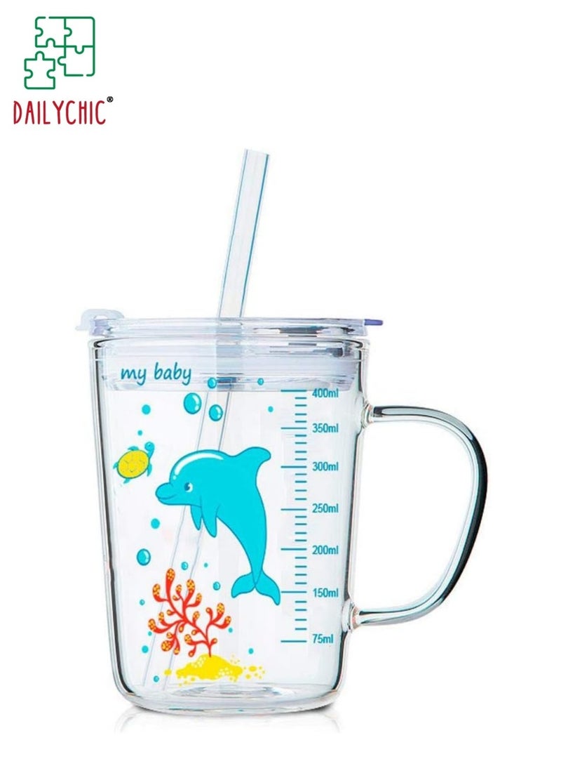 DAILYCHIC Kids Straw Cup with Lid and Handle,17oz Cute Glass Tumbler with Scale for Water, Tea, Milk Coffee - Image 1