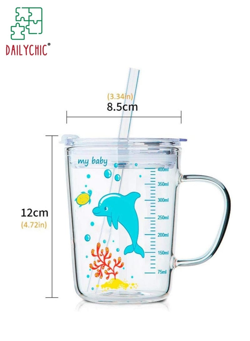 DAILYCHIC Kids Straw Cup with Lid and Handle,17oz Cute Glass Tumbler with Scale for Water, Tea, Milk Coffee - Image 2