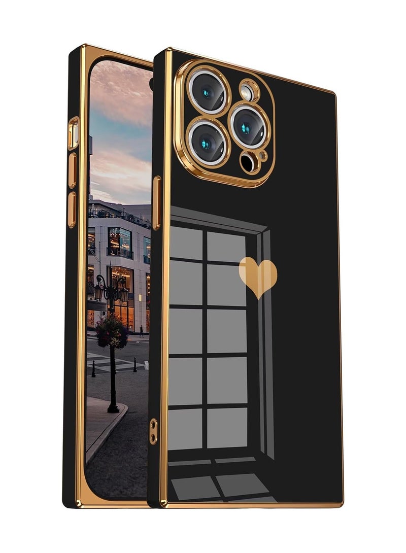 iPhone 15 Pro Max Case【Full Camera Protection】Lovely Heart Pattern & Electroplate Reinforced Corners Cover [6.7 inches] Black - Image 1