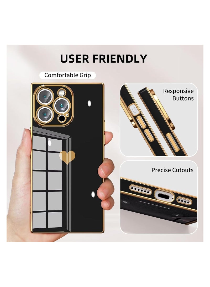 iPhone 15 Pro Max Case【Full Camera Protection】Lovely Heart Pattern & Electroplate Reinforced Corners Cover [6.7 inches] Black - Image 4