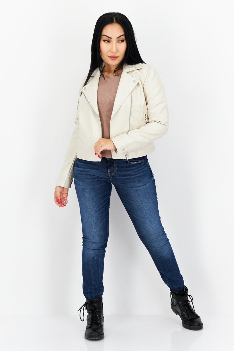 BB Dakota Women Plain Leather Motor Jacket, Cream  - Image 4