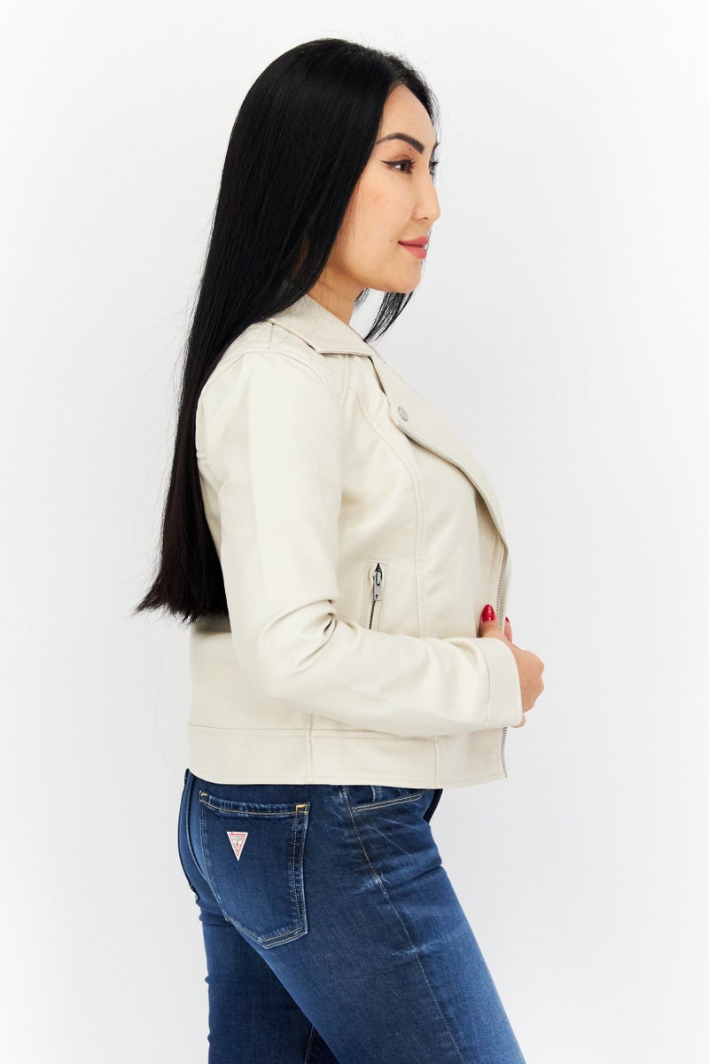 BB Dakota Women Plain Leather Motor Jacket, Cream  - Image 2