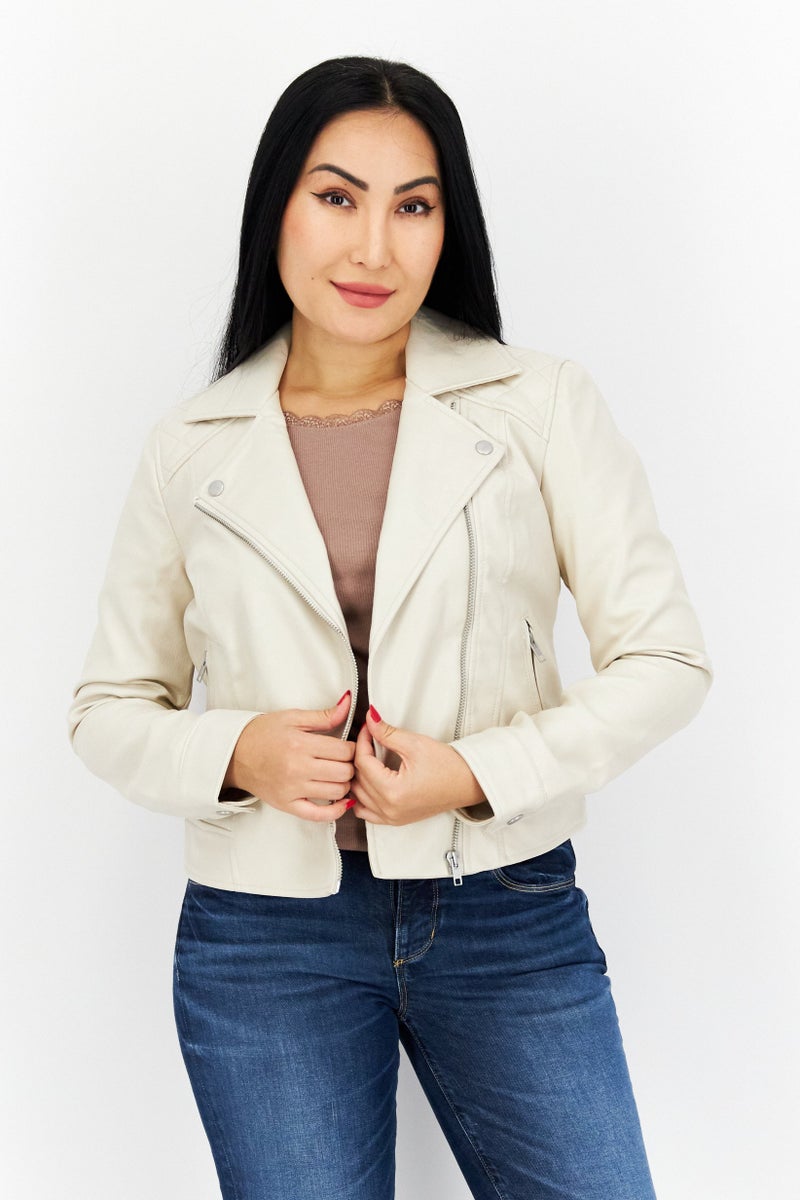 BB Dakota Women Plain Leather Motor Jacket, Cream  - Image 1