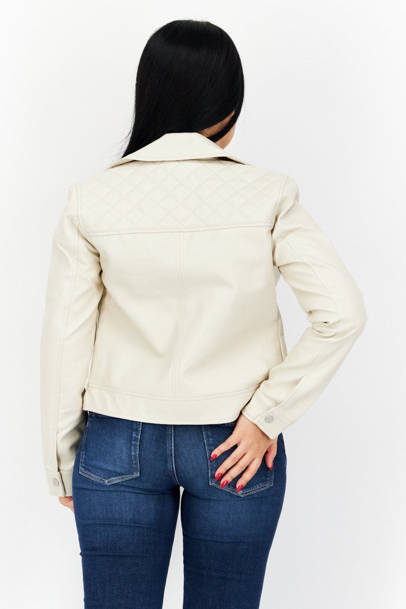 BB Dakota Women Plain Leather Motor Jacket, Cream  - Image 3