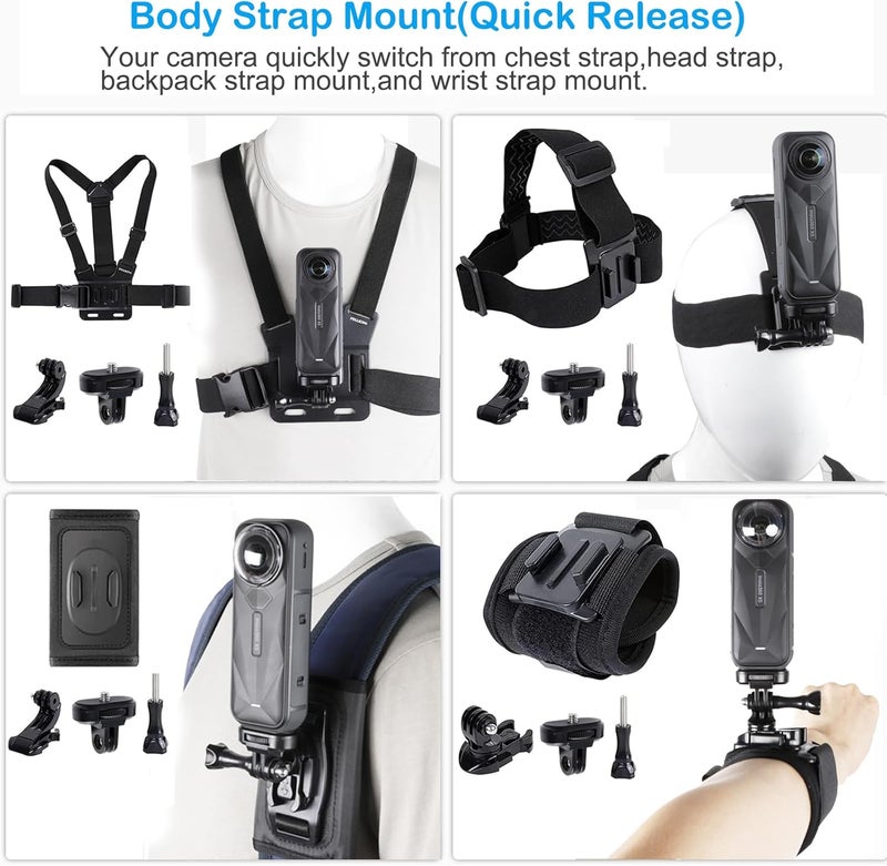 PELLKING Accessories Kit for Insta360 One X5/X4/X3/X2/X, One R, X and GoPro Hero 9,New Quick Release Head Strap Mount + Chest Mount Harness + Backpack Strap Clip + 360°Rotating Wrist Strap - Image 3