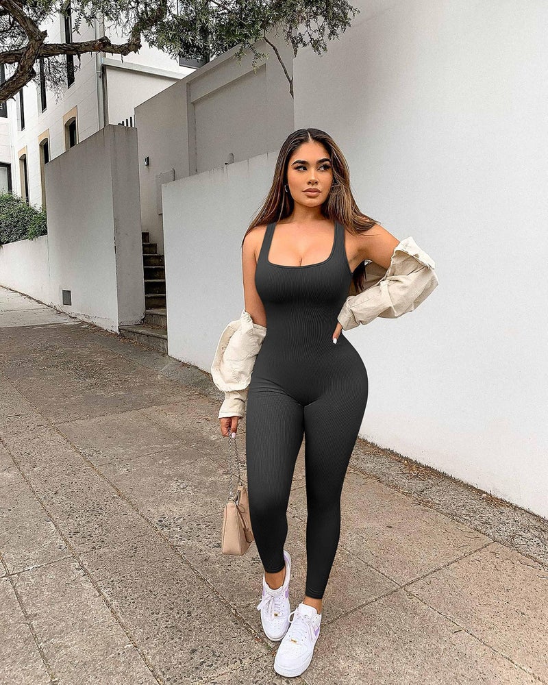 YIOIOIO Women Workout Seamless Jumpsuit Yoga Ribbed Bodycon One Piece Tank Top Leggings Romper - Image 2