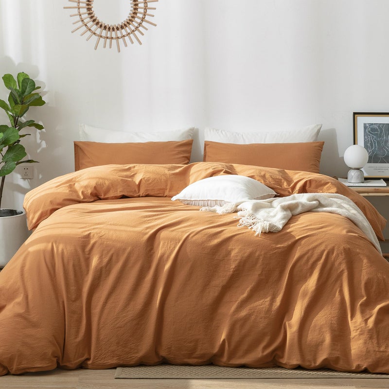 مجموعة غطاء لحاف مو ميم 100 قطن مغسول مثل القماش القطني الناعم القابل للتنفس والمتين والناعم والمريح بلون برتقالي محترق للملكة 90x90