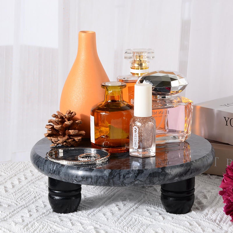 SIPARUI Decorative Round Marble Riser for Display,Marble Pedestal Tray for Home,Kitchen and Bathroom Countertop Organizer Counter Decor Tray.The Decorative Tray Non-slip,Stableï¼ˆWhite Grayï¼‰ - Image 5