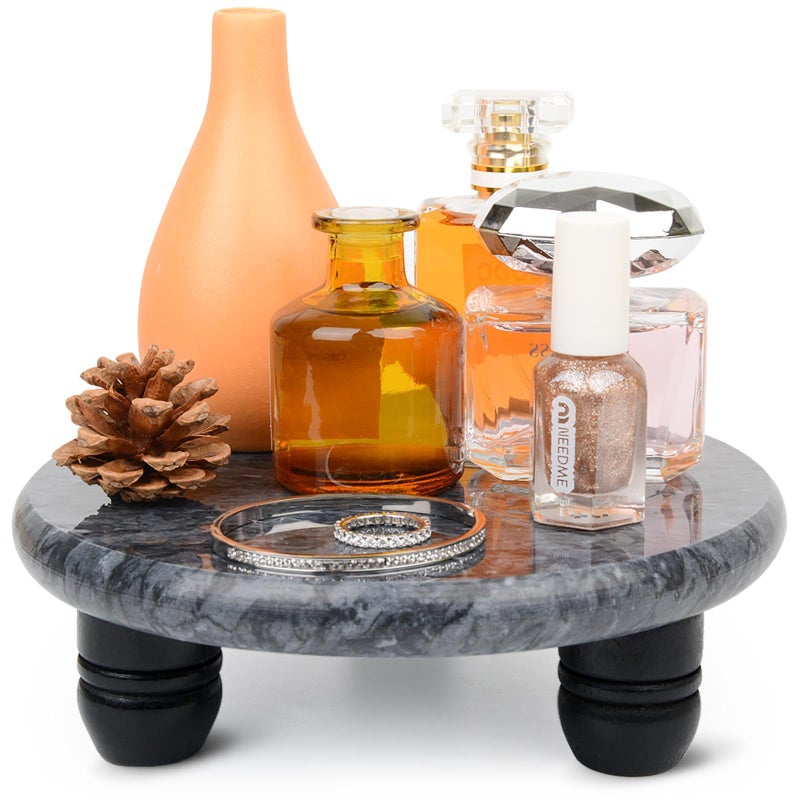 SIPARUI Decorative Round Marble Riser for Display,Marble Pedestal Tray for Home,Kitchen and Bathroom Countertop Organizer Counter Decor Tray.The Decorative Tray Non-slip,Stableï¼ˆWhite Grayï¼‰ - Image 1