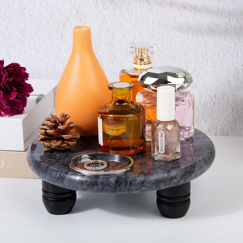 SIPARUI Decorative Round Marble Riser for Display,Marble Pedestal Tray for Home,Kitchen and Bathroom Countertop Organizer Counter Decor Tray.The Decorative Tray Non-slip,Stableï¼ˆWhite Grayï¼‰ - Image 3