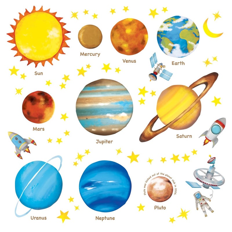 Decowall DS8-1307 Planets in The Space Kids Wall Decals Wall Stickers Peel and Stick Removable Wall Stickers for Kids Nursery Bedroom Living Room - Image 1