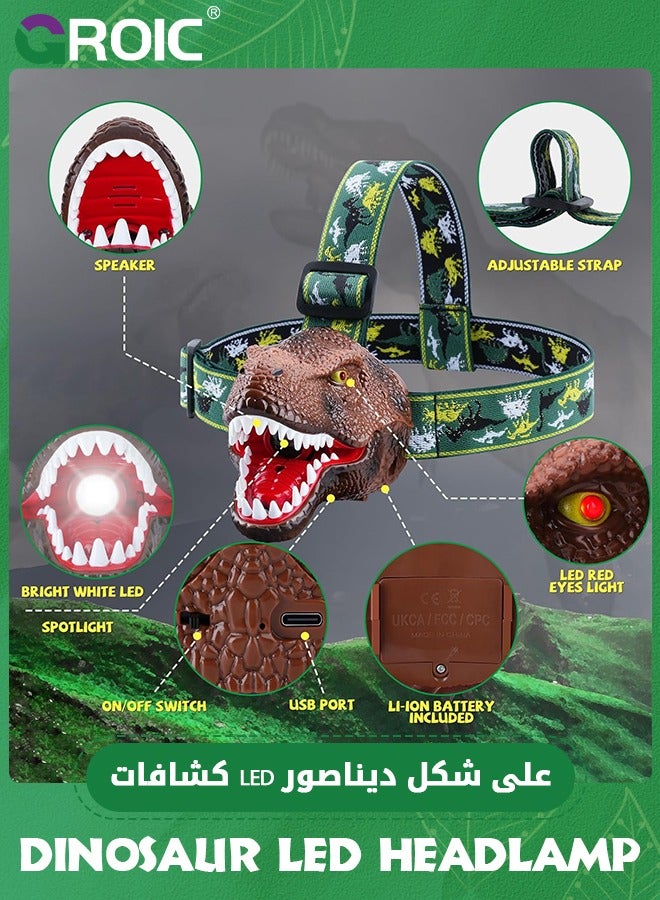 GROIC Dinosaur Headlamp T-Rex LED Headlamps for Kids Flashlights Camping Gear - Dinosaur Toys for Kids Outdoor Toys for Kids Birthday Stocking Stuffers - Image 2