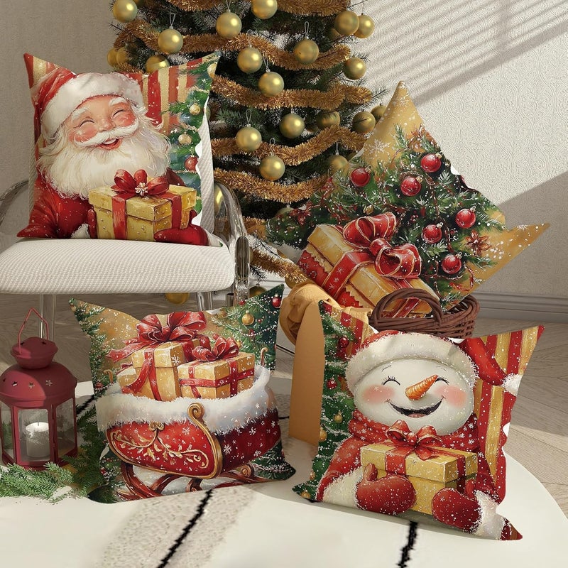 Christmas Throw Pillow Covers Set of 4, Festive Santa and Snow Man Decorative Cushion Cases, Holiday Home Decor for Sofa Couch Bed 24x24 Inch - Image 4