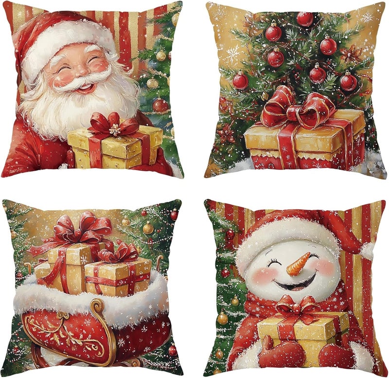 Christmas Throw Pillow Covers Set of 4, Festive Santa and Snow Man Decorative Cushion Cases, Holiday Home Decor for Sofa Couch Bed 24x24 Inch - Image 1