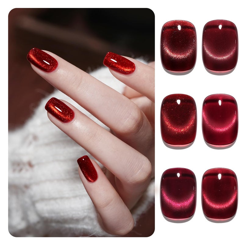 GAOY Jelly Red Glitter Cat Eye Gel Nail Polish Set with Magnet 6 Types of Holographic Cat Eye, Salon Gel Manicure and Nail Art DIY at Home - Image 1