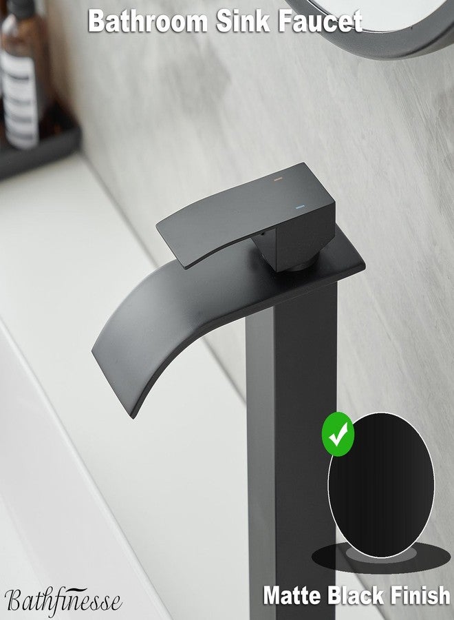Bathfinesse Vessel Sink Faucet Waterfall Bathroom Faucet Matte Black Stainless Steel Tall Single Handle One Hole Deck Mount Bowl Vanity Sink Faucet with Pop-up Drain Stopper - Image 4