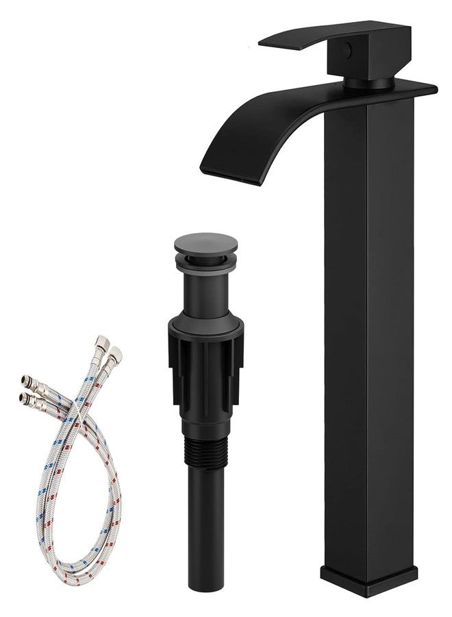 Bathfinesse Vessel Sink Faucet Waterfall Bathroom Faucet Matte Black Stainless Steel Tall Single Handle One Hole Deck Mount Bowl Vanity Sink Faucet with Pop-up Drain Stopper - Image 1