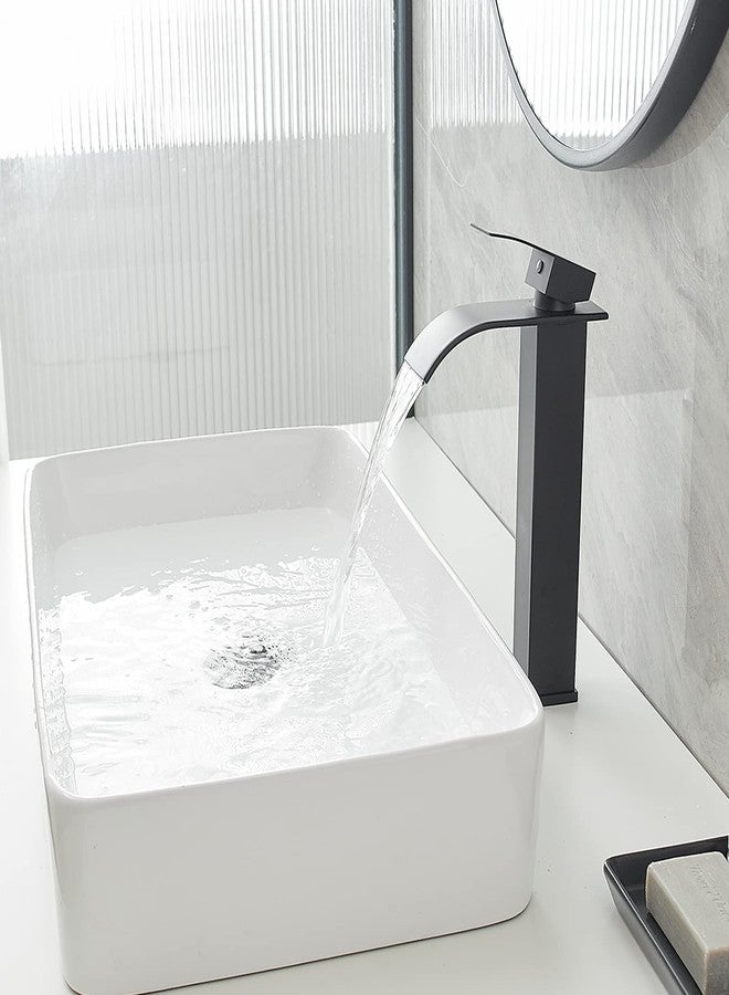 Bathfinesse Vessel Sink Faucet Waterfall Bathroom Faucet Matte Black Stainless Steel Tall Single Handle One Hole Deck Mount Bowl Vanity Sink Faucet with Pop-up Drain Stopper - Image 5