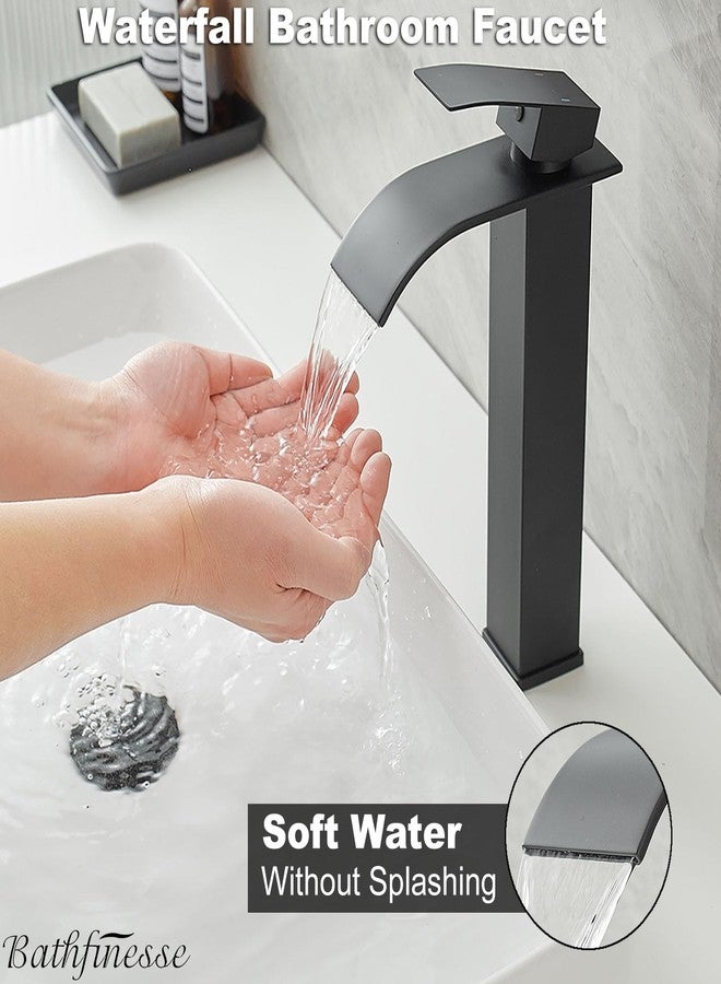 Bathfinesse Vessel Sink Faucet Waterfall Bathroom Faucet Matte Black Stainless Steel Tall Single Handle One Hole Deck Mount Bowl Vanity Sink Faucet with Pop-up Drain Stopper - Image 3