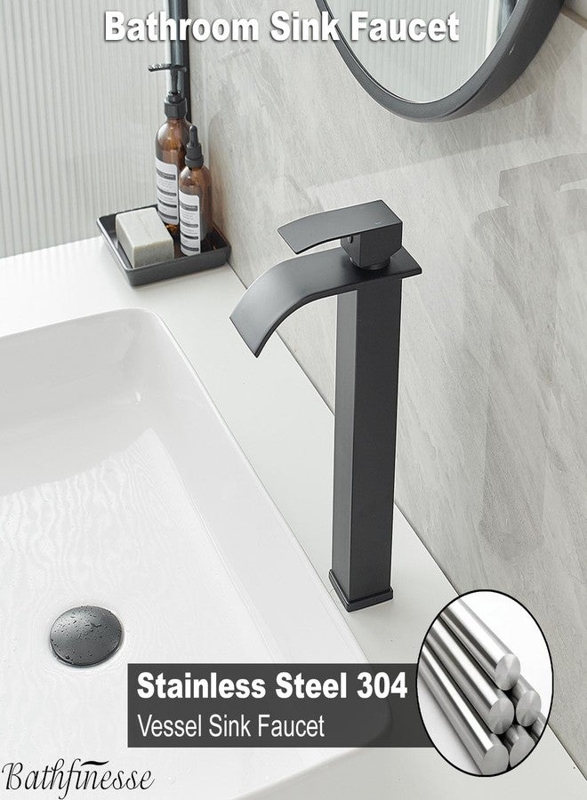 Bathfinesse Vessel Sink Faucet Waterfall Bathroom Faucet Matte Black Stainless Steel Tall Single Handle One Hole Deck Mount Bowl Vanity Sink Faucet with Pop-up Drain Stopper - Image 2