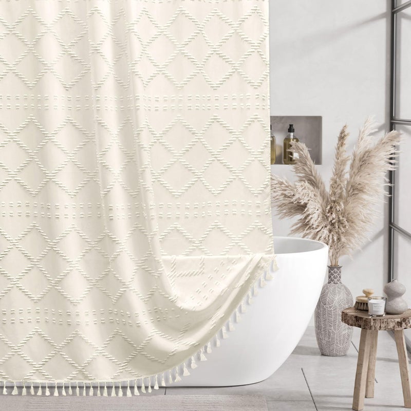 Siiluminisoy Cream Boho Woven Fabric Shower Curtain, 72 x 72 Tufted Chevron Textured Striped Modern Farmhouse Minimalist Cloth Curtain for Bathroom - Image 1