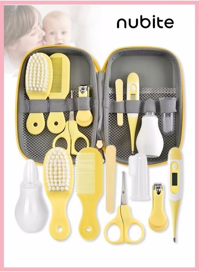 nubite 9-Piece Baby Care and Grooming Kit with Thermometer, Nasal Aspirator, Toothbrush, Emery Board, Nail Clipper, Scissor, Brush, Comb and Carry Case, Portable Healthcare Essential Daily Care Bathing Tool for Toddler Infant Yellow  - Image 1
