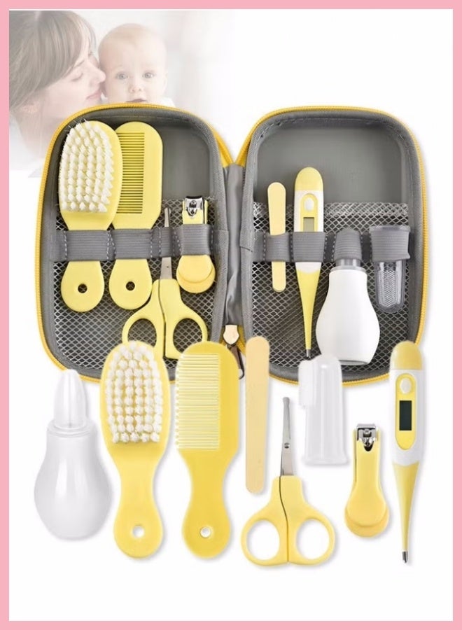 9-Piece Baby Care and Grooming Kit with Thermometer, Nasal Aspirator, Toothbrush, Emery Board, Nail Clipper, Scissor, Brush, Comb and Carry Case, Portable Healthcare Essential Daily Care Bathing Tool for Toddler Infant Yellow