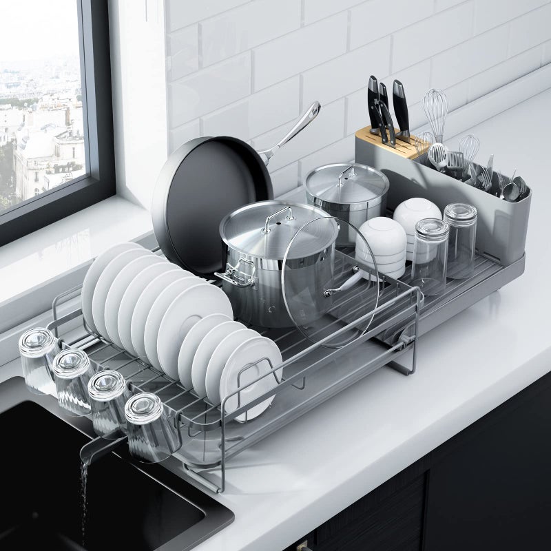 Kitsure Large Dish Drying Rack  Extendable Dish Rack Multifunctional Dish Rack for Kitchen Counter AntiRust Dish Drainers with Cutlery  Cup Holders 192267 L x 129 W Grey
