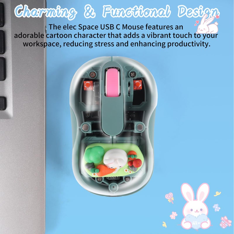elec Space Cute Wireless USB C Mouse - Bluetooth Triple Mode Rechargeable Cartoon Mouse for Laptops, iPads & MacBook Air/Pro - Silent Operation, Portable Design, Unique Magnetic Character (Green) - Image 3