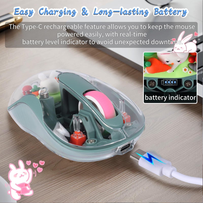 elec Space Cute Wireless USB C Mouse - Bluetooth Triple Mode Rechargeable Cartoon Mouse for Laptops, iPads & MacBook Air/Pro - Silent Operation, Portable Design, Unique Magnetic Character (Green) - Image 5