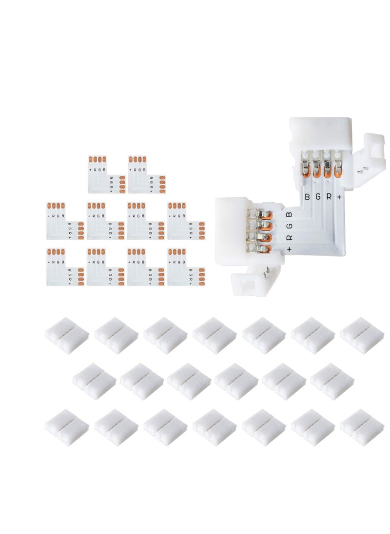ماركة غير محددة موصلات LED 4 دبابيس على شكل حرف L 10 قطع جاكي ليد بزاوية قائمة عريضة ملم وصلة تمديد طرفية بدون لحام مع 22 قطعة مشابك لشريط اضاءة 3528 5050 اس ام دي RGB موصل 10.0مل متر  - Image 1