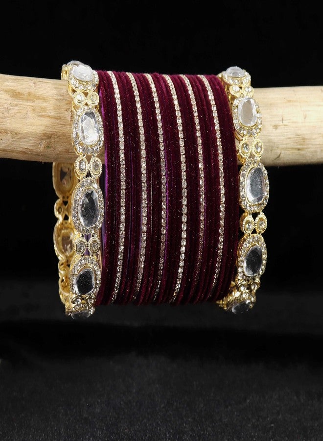 LAVAZZA Premium Gold Plated Metal Velvet Bangles Chuda Set for Women & Girls | Zircon Stone | Purple Bangles | Fancy Bridal Chuda Set-(Chuda17-Purple-2.8) - Image 2
