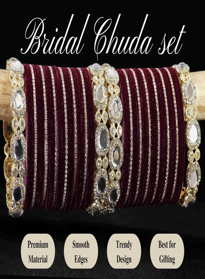 LAVAZZA Premium Gold Plated Metal Velvet Bangles Chuda Set for Women & Girls | Zircon Stone | Purple Bangles | Fancy Bridal Chuda Set-(Chuda17-Purple-2.8) - Image 5