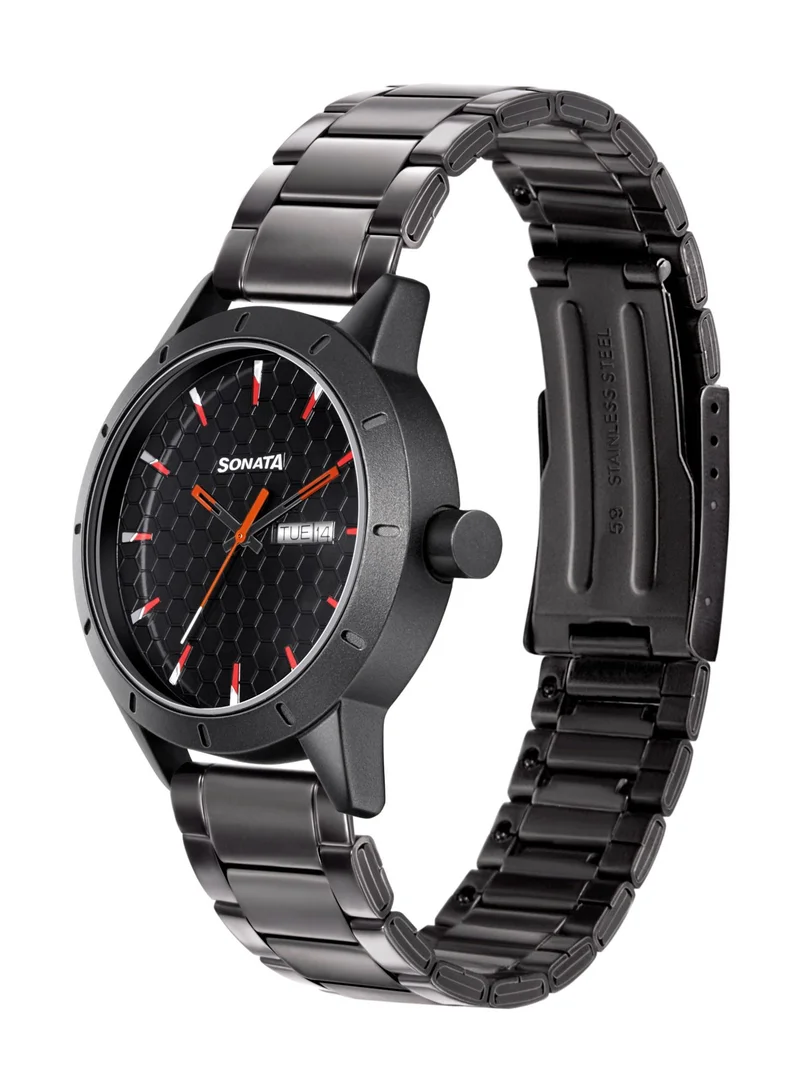 Sonata Round Shape Metal Analog Wrist Watch 7137AM02 42mm Black