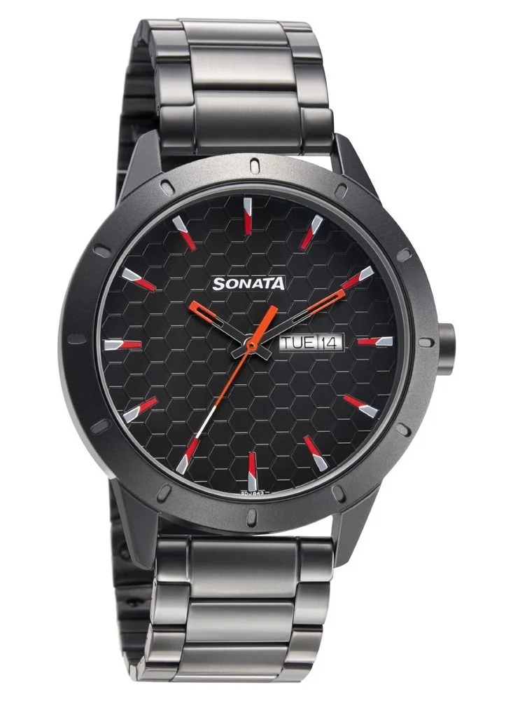 Sonata Round Shape Metal Analog Wrist Watch 7137AM02 42mm Black