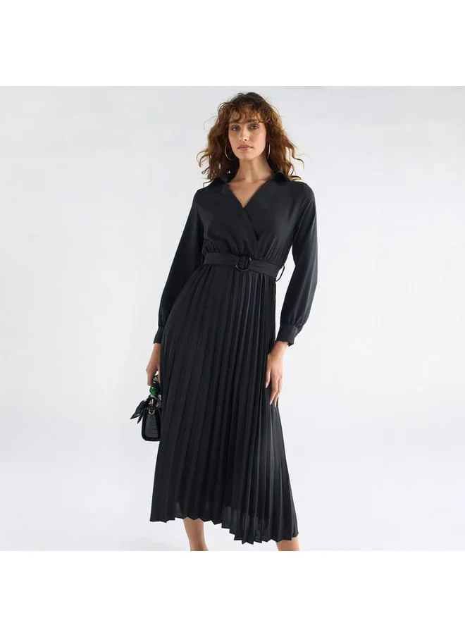 FAV Pleated Shirt Dress with Belt and Long Sleeves