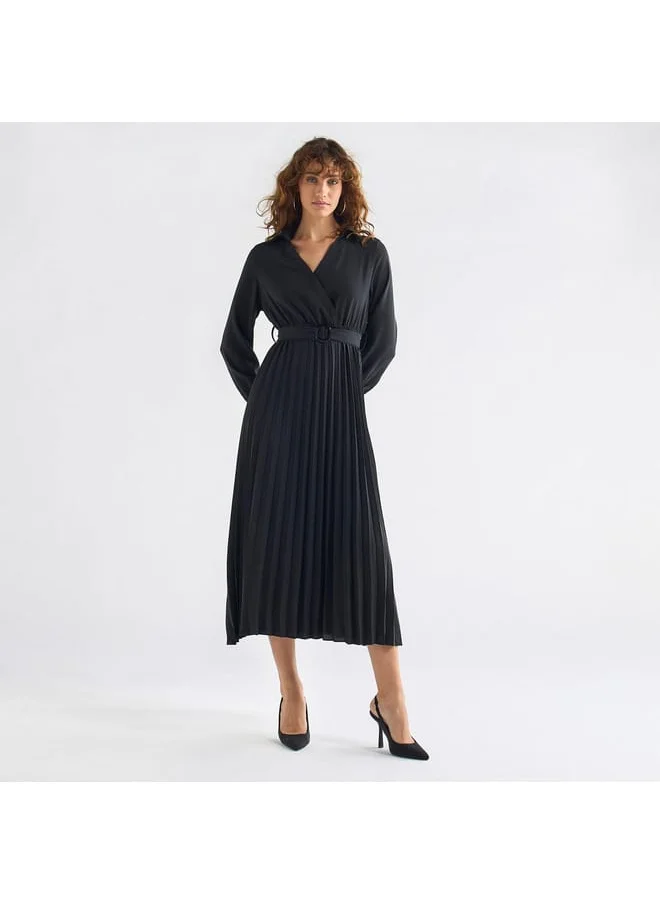 FAV Pleated Shirt Dress with Belt and Long Sleeves