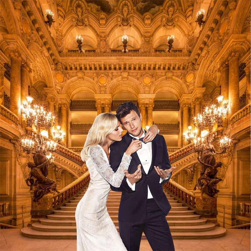 Renaiss خلفية قصر فاخرة ذهبية 7x7 قدم للتصوير الفوتوغرافي كنيسة أوروبية قديمة قلعة ذهبية داخلية ملكية ثريا درج خلفية لزفاف ذكرى سنوية لافتة حفلة كعكة طاولة ديكور - Image 4