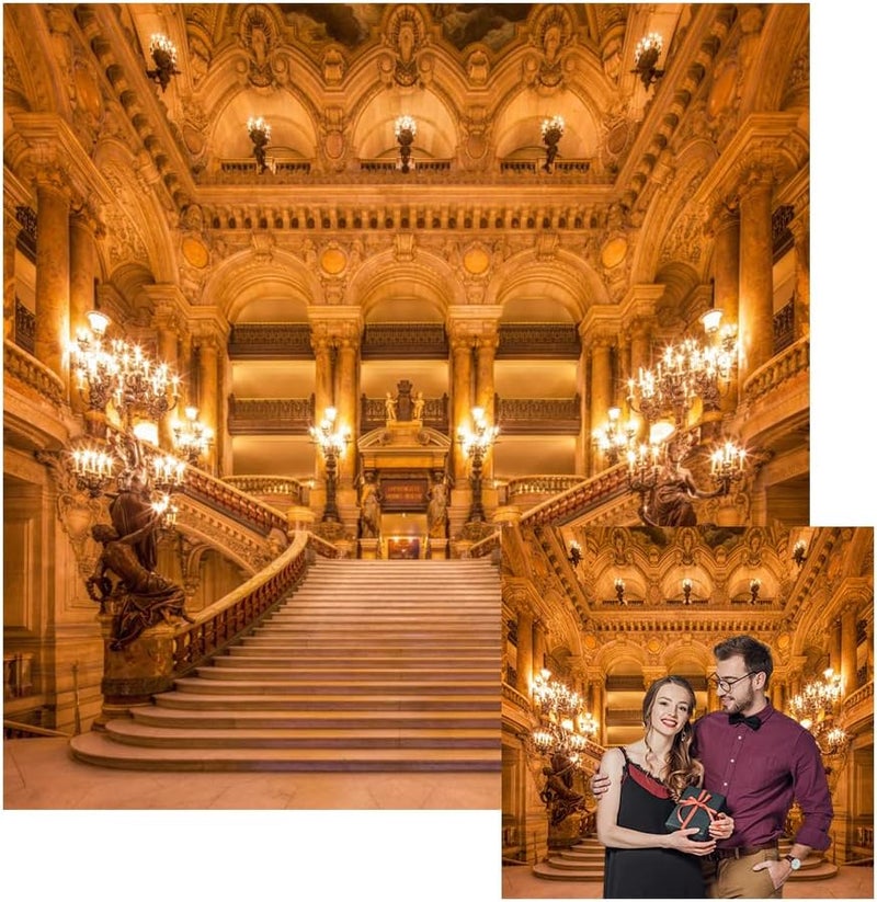 Renaiss خلفية قصر فاخرة ذهبية 7x7 قدم للتصوير الفوتوغرافي كنيسة أوروبية قديمة قلعة ذهبية داخلية ملكية ثريا درج خلفية لزفاف ذكرى سنوية لافتة حفلة كعكة طاولة ديكور - Image 1