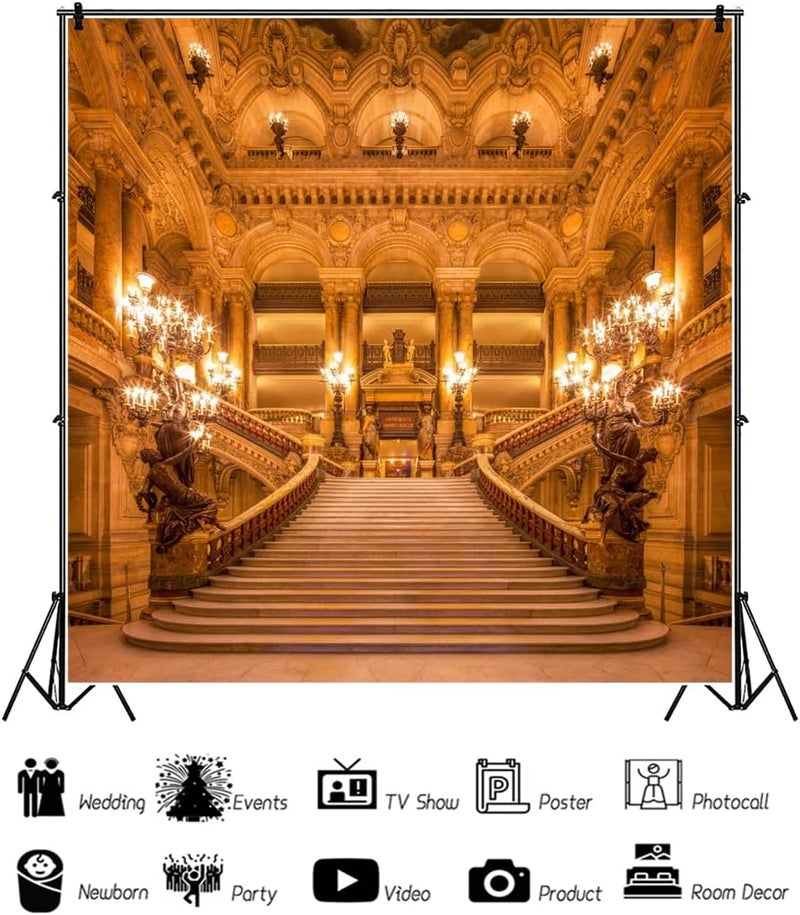 Renaiss خلفية قصر فاخرة ذهبية 7x7 قدم للتصوير الفوتوغرافي كنيسة أوروبية قديمة قلعة ذهبية داخلية ملكية ثريا درج خلفية لزفاف ذكرى سنوية لافتة حفلة كعكة طاولة ديكور - Image 3