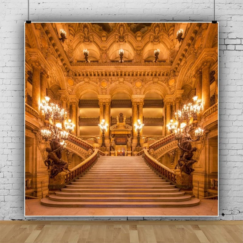 Renaiss خلفية قصر فاخرة ذهبية 7x7 قدم للتصوير الفوتوغرافي كنيسة أوروبية قديمة قلعة ذهبية داخلية ملكية ثريا درج خلفية لزفاف ذكرى سنوية لافتة حفلة كعكة طاولة ديكور - Image 2