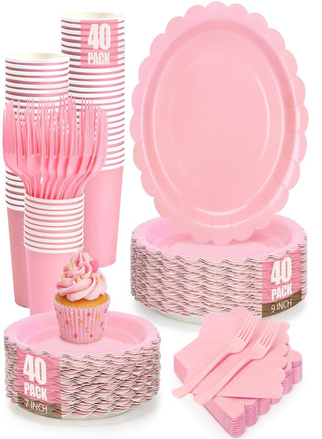 CENLBJ 200Pcs Light Pink Party Plates and Napkins, 9’’and 7’’ Disposable Scalloped Pink Paper Plates Cups Napkins Forks Set Party Supplies for Birthday, Baby Shower Bridal Shower Party Decorations, Serves 40 - Image 1
