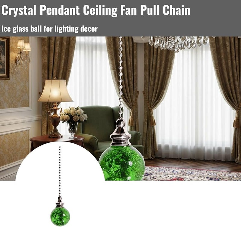 مروحة سقف بسلسلة سحب قلادة كريستال أخضر بتصميم كرة زجاجية جليدية - Image 4