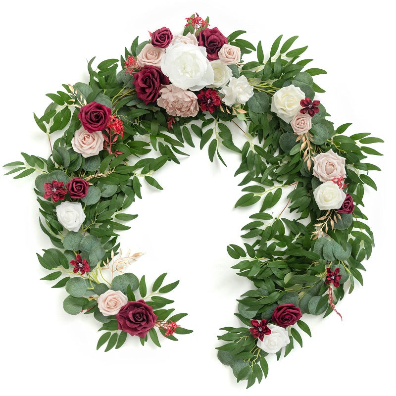 Ling's moment Lings Moment Flower Garland  6FT Eucalyptus  Rose  Sweetheart Table Decor for Wedding Reception Artificial Floral Garland for Mantle Thanksgiving Christmas Decoration Marsala 