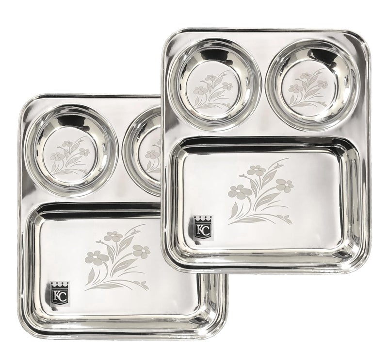 KC Stainless Steel Laser Partition Plate 3 in1 | Bhojan Thali | Dinner Plate Set of 2 - Image 1