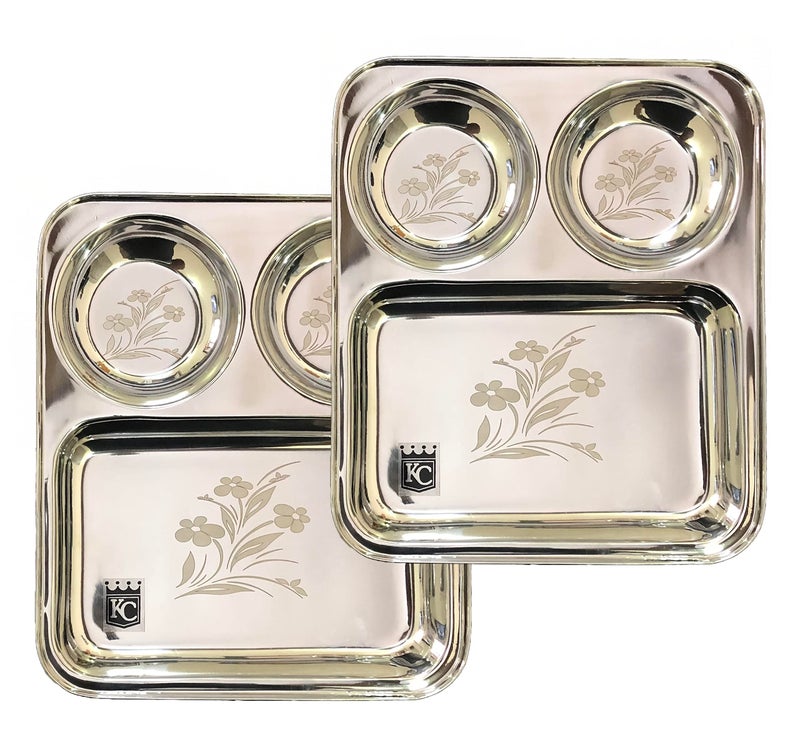 KC Stainless Steel Laser Partition Plate 3 in1 | Bhojan Thali | Dinner Plate Set of 2 - Image 4