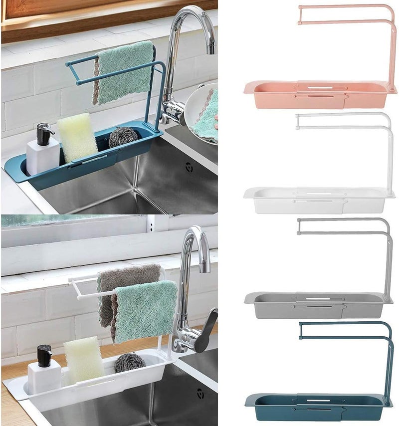 Orrda Telescopic Sink Holder | Plastic Expandable Storage Drain Basket Rack | Adjustable Faucet Rack Dish Brushes Sponge Soap Holder with Towel Dishcloth Shelf Hanger (Multicolor) - Image 2