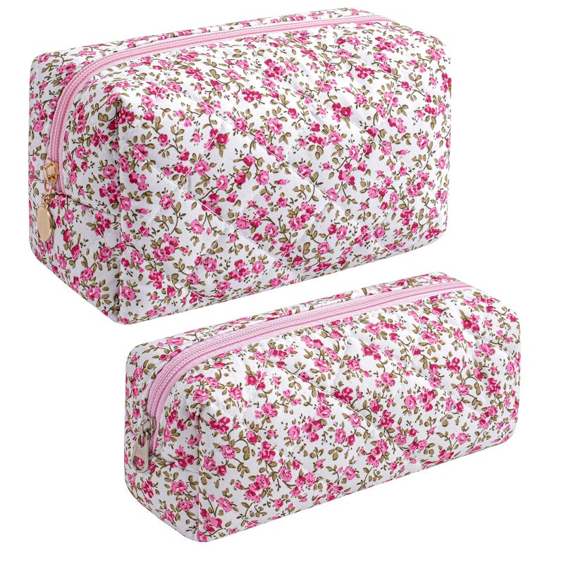 JOVAKIT 2Pcs Makeup Bag Quilted Cosmetic Bag for Women Girls Floral Coquette Cotton Toiletry Zipper Make Up Pouch Travel Storage Organizer Pouch Red Floral - Image 2