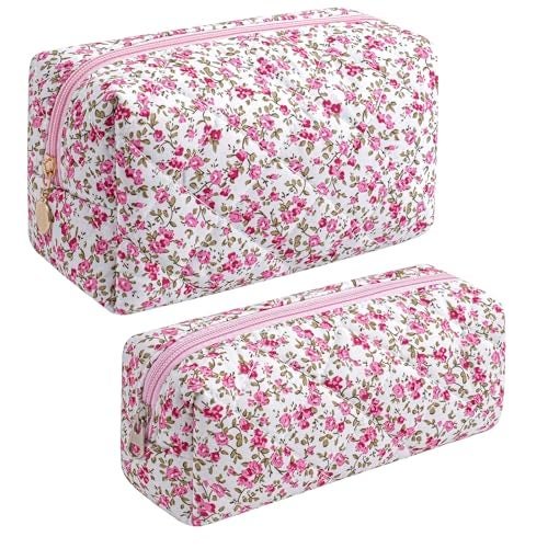JOVAKIT 2Pcs Makeup Bag Quilted Cosmetic Bag for Women Girls Floral Coquette Cotton Toiletry Zipper Make Up Pouch Travel Storage Organizer Pouch Red Floral - Image 1